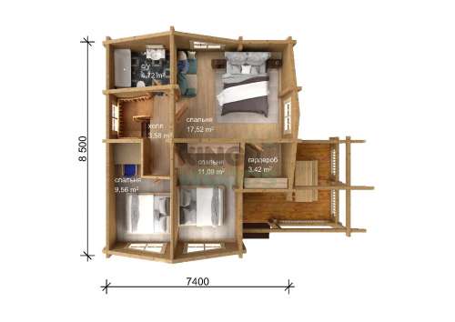 Двухэтажный дом из бруса с 3 спальнями 8500х10400